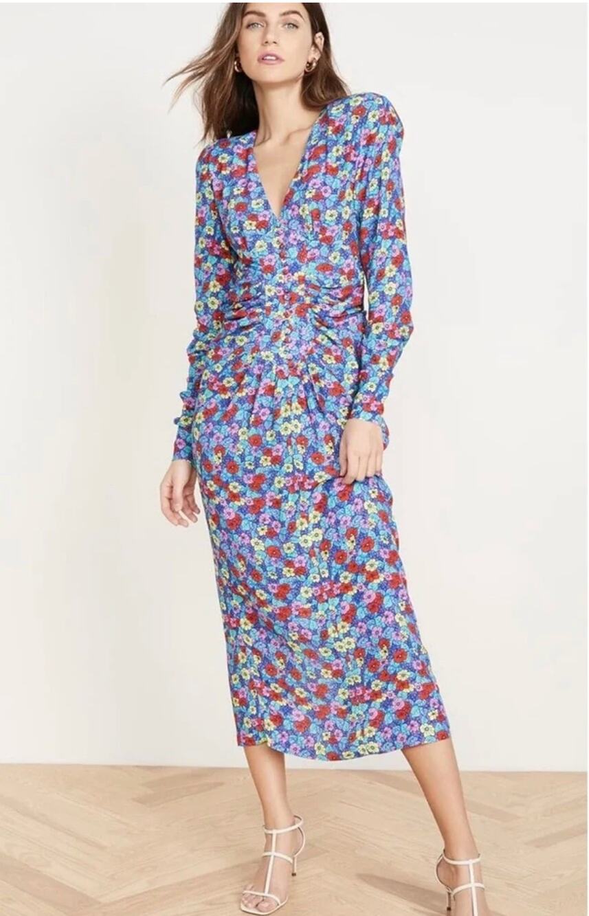 NEW Rotate Heather Gathered Dress FR 42 US 10 Blue Floral Poppy Shoulder Pads
